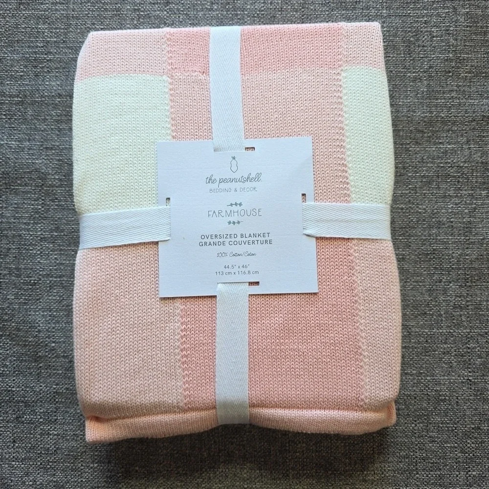 The Peanutshell Oversized Pink & White Checkered Knit Farmhouse Baby Blanket New